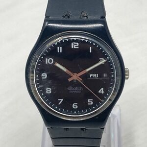 Vtg Swatch Espresso Watch Unisex Day Date 34mm Black Swiss GB737 New Batter 8.5"